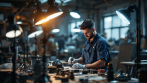 A photograph of a skilled lighting contractor working with various lamp holders in a well-lit workshop