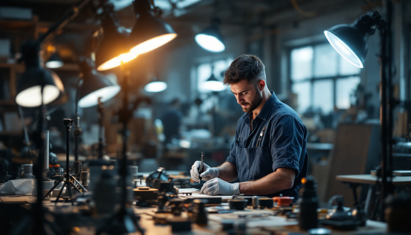 A photograph of a skilled lighting contractor working with various lamp holders in a well-lit workshop
