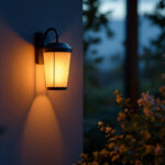 A photograph of a beautifully designed wall-mounted solar lantern illuminating a cozy outdoor space