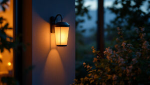 A photograph of a beautifully designed wall-mounted solar lantern illuminating a cozy outdoor space