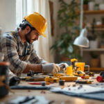 A photograph of a lighting contractor efficiently installing or working with standard electrical outlets in a well-lit residential or commercial space