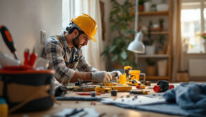 A photograph of a lighting contractor efficiently installing or working with standard electrical outlets in a well-lit residential or commercial space