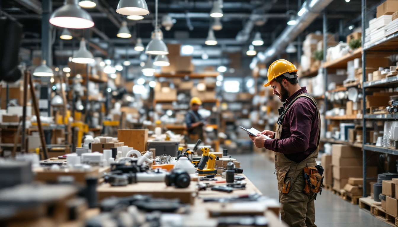 A photograph of a well-organized lighting supply warehouse