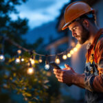 A photograph of a skilled lighting contractor installing solar-powered lights in a residential outdoor setting