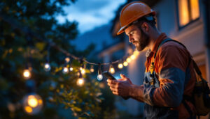 A photograph of a skilled lighting contractor installing solar-powered lights in a residential outdoor setting
