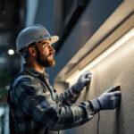 A photograph of a lighting contractor skillfully installing led tape lights along a modern architectural feature