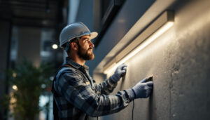 A photograph of a lighting contractor skillfully installing led tape lights along a modern architectural feature