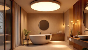 A photograph of a beautifully designed bathroom showcasing modern led ceiling lights