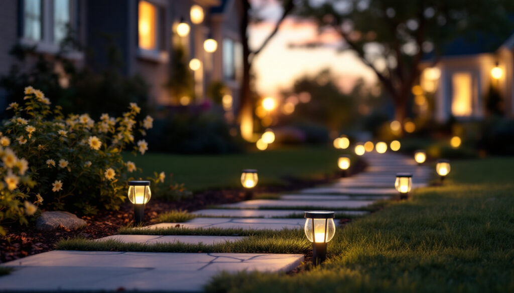 A photograph of a beautifully illuminated outdoor pathway featuring solar path lights in a residential setting