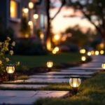 A photograph of a beautifully illuminated outdoor pathway featuring solar path lights in a residential setting