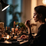 A photograph of a well-lit makeup vanity setup
