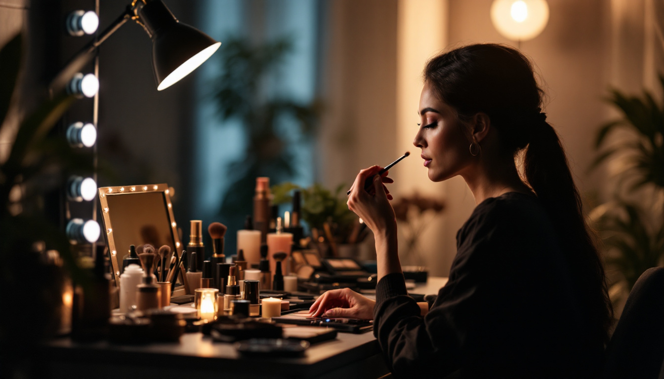 A photograph of a well-lit makeup vanity setup