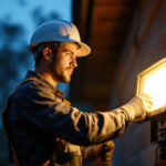 A photograph of a lighting contractor installing or adjusting a rab lighting flood light in an outdoor setting