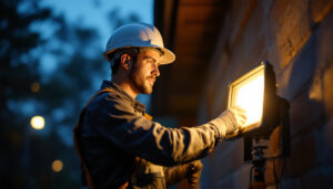 A photograph of a lighting contractor installing or adjusting a rab lighting flood light in an outdoor setting