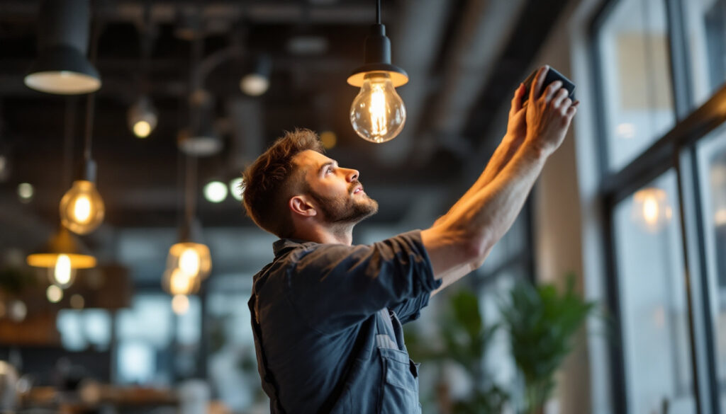 A photograph of a skilled lighting contractor from cablemasters expertly installing or adjusting a stylish lighting fixture in a modern commercial space