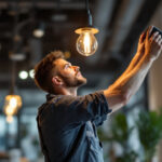 A photograph of a skilled lighting contractor from cablemasters expertly installing or adjusting a stylish lighting fixture in a modern commercial space