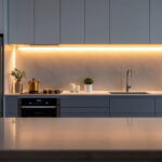 A photograph of a beautifully designed kitchen featuring under cabinet lighting