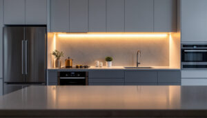 A photograph of a beautifully designed kitchen featuring under cabinet lighting