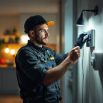 A photograph of a lighting contractor expertly installing leviton products in a well-lit residential or commercial space