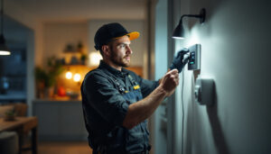 A photograph of a lighting contractor expertly installing leviton products in a well-lit residential or commercial space