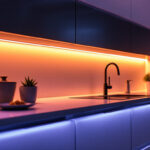 A photograph of a beautifully illuminated kitchen counter featuring sleek led strip lighting installed underneath