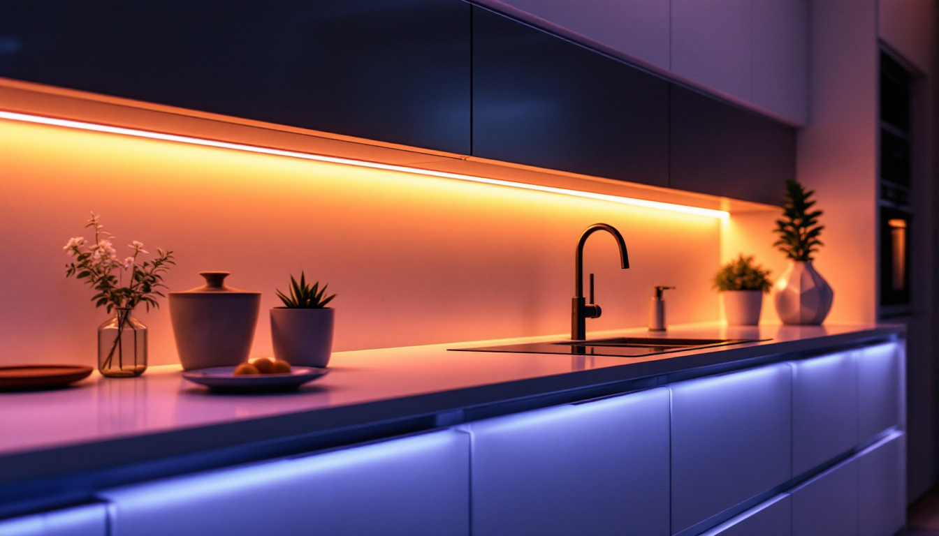 A photograph of a beautifully illuminated kitchen counter featuring sleek led strip lighting installed underneath