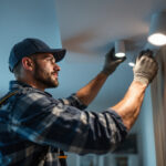 A photograph of a skilled lighting contractor expertly installing surface mount lighting in a modern interior space