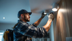 A photograph of a skilled lighting contractor expertly installing surface mount lighting in a modern interior space