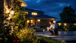 A photograph of a well-lit outdoor space showcasing various high-quality solar lights in use