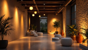 A photograph of a beautifully lit interior space showcasing various lighting installations