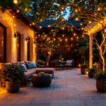 A photograph of a beautifully illuminated outdoor patio featuring stylish led lighting