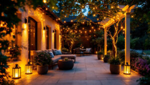 A photograph of a beautifully illuminated outdoor patio featuring stylish led lighting