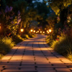 A photograph of a beautifully illuminated outdoor pathway featuring an array of solar pathway lights