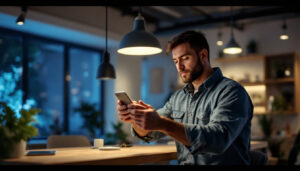 A photograph of a lighting contractor installing or showcasing a modern led fixture in a well-lit