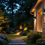 A photograph of a lighting contractor expertly installing outdoor led fixtures in a beautifully landscaped garden