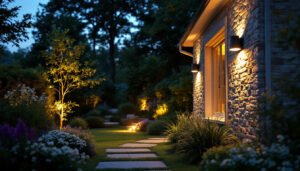 A photograph of a lighting contractor expertly installing outdoor led fixtures in a beautifully landscaped garden