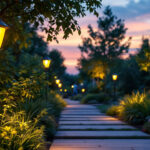 A photograph of a beautifully illuminated garden at dusk