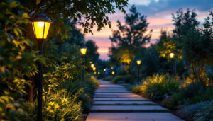 A photograph of a beautifully illuminated garden at dusk