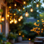 A photograph of a beautifully illuminated outdoor space featuring stylish hanging lights