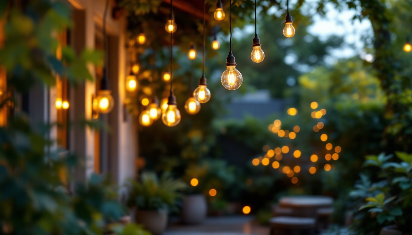 A photograph of a beautifully illuminated outdoor space featuring stylish hanging lights
