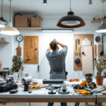 A photograph of a well-organized workspace featuring various light fixture parts