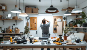 A photograph of a well-organized workspace featuring various light fixture parts