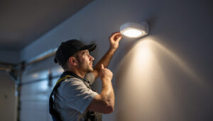A photograph of a well-lit garage showcasing a modern motion sensor light in action