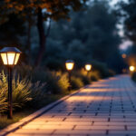 A photograph of a beautifully illuminated pathway featuring stylish solar aluminum pathway lights