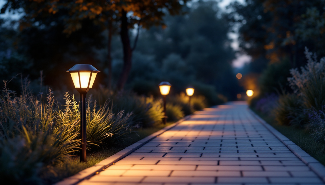 A photograph of a beautifully illuminated pathway featuring stylish solar aluminum pathway lights