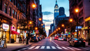 A photograph of a beautifully lit new york city street scene at dusk
