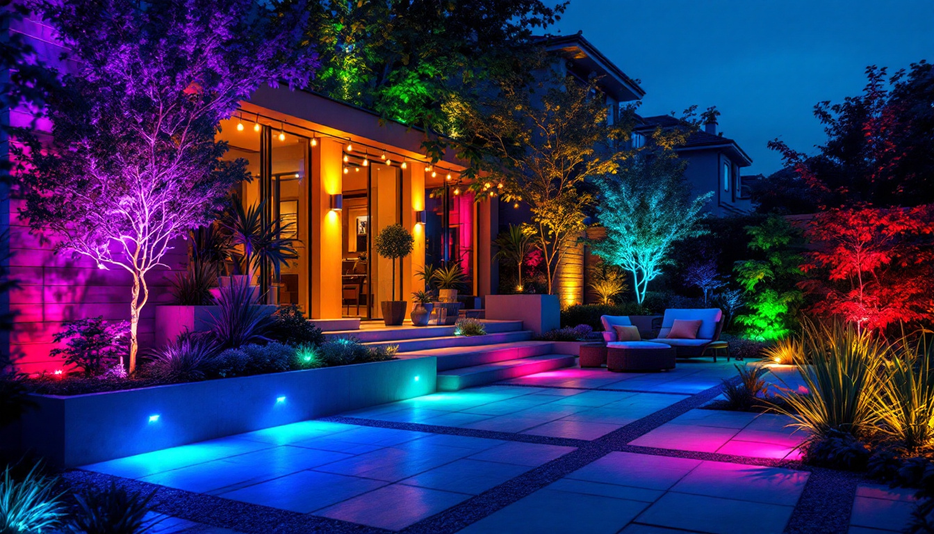 A photograph of a beautifully illuminated outdoor space featuring a variety of colored lights in use
