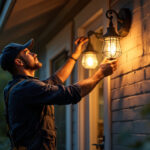 A photograph of a skilled lighting contractor expertly installing a stylish front porch light