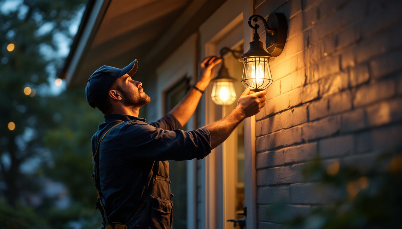 A photograph of a skilled lighting contractor expertly installing a stylish front porch light