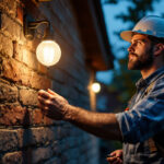 A photograph of a lighting contractor installing a solar-powered bulb in an outdoor setting